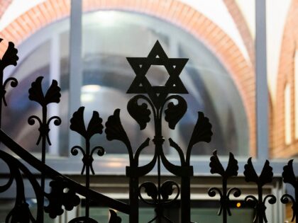 12 October 2023, Berlin: A Star of David can be seen on the gate at the front of the Rykestraße synagogue in the Prenzlauer Berg district of Berlin. Photo: Christoph Soeder/dpa (Photo by Christoph Soeder/picture alliance via Getty Images)
