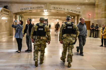 NEW YORK, NEW YORK - OCTOBER 13: Members of the Joint Task Force Empire Shield patrol Gran