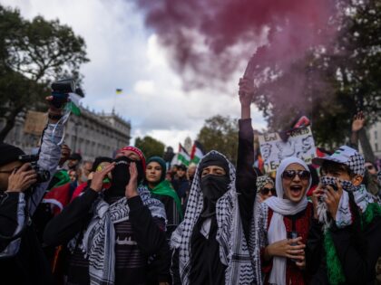 LONDON, ENGLAND - OCTOBER 14: People take part in a demonstration in support of Palestine