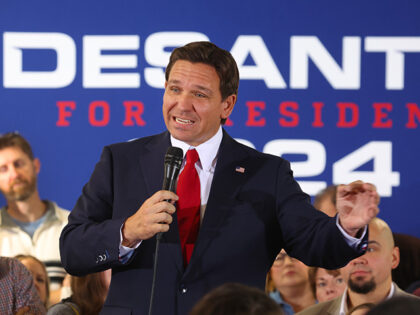 Republican presidential candidate Florida Governor Ron DeSantis speaks to guests during a
