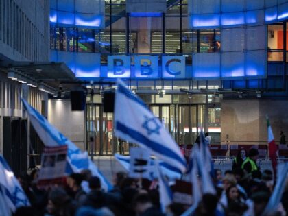 LONDON, ENGLAND - OCTOBER 16: Members of the Jewish community gather outside BBC Broadcast