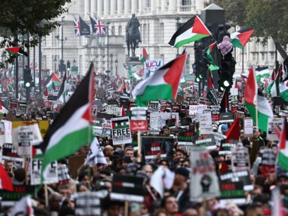 People take part in a 'March For Palestine', in London on October 21, 2023, to "demand an end to the war on Gaza". The UK has pledged its support for Israel following the bloody attacks by Hamas, which killed more than 1,400 people, and has announced that humanitarian aid to …