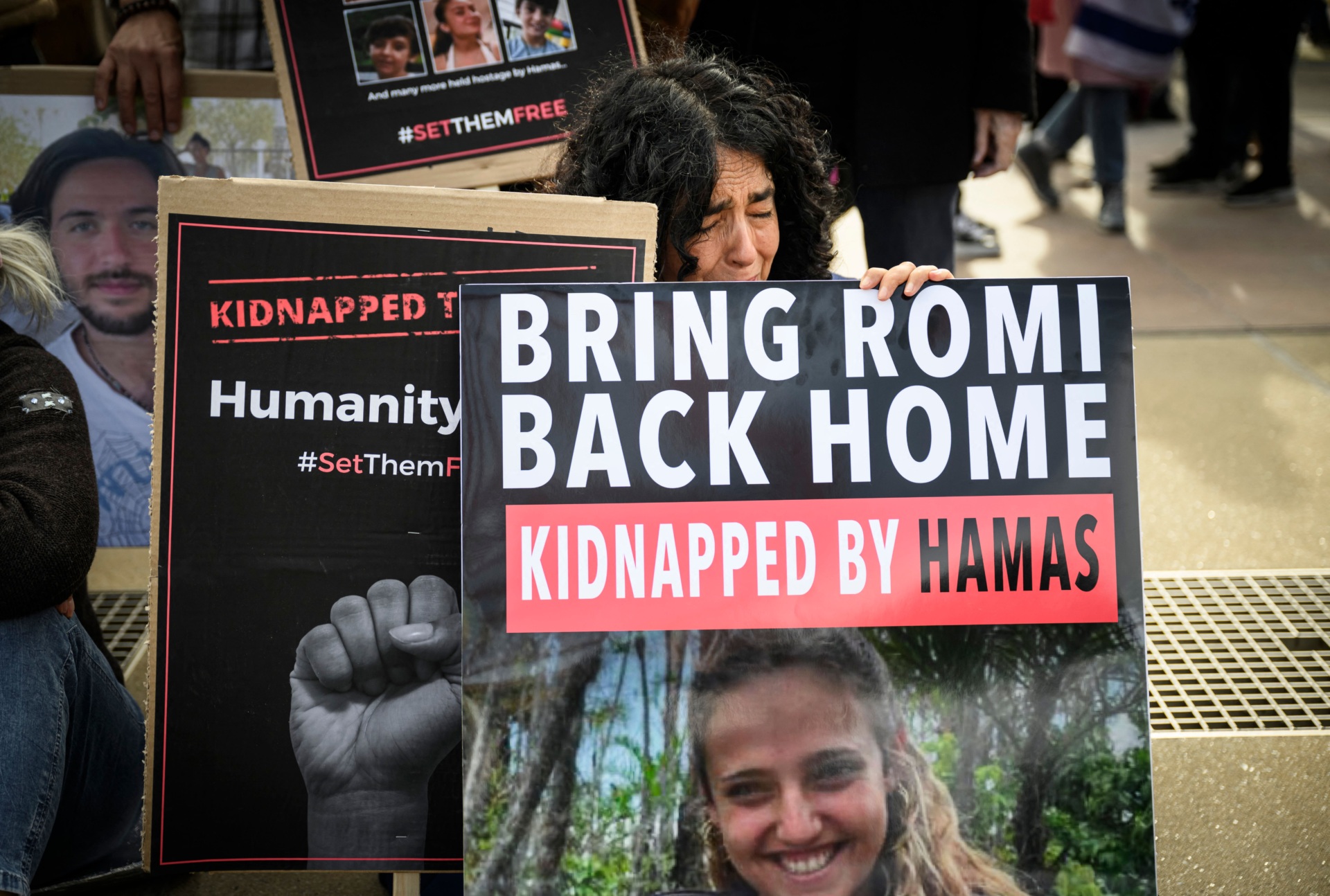 Supporters of Israel, members of the Jewish community and hostages' families and friend attend a rally calling for the release of hostages held by Hamas, near the United Nations office in Geneva, on October 22, 2023. Hamas militants in the Gaza Strip stormed Israel on October 7, taking more than 200 hostages and killing at least 1,400 people, according to Israeli officials. (Photo by Gabriel MONNET / AFP) (Photo by GABRIEL MONNET/AFP via Getty Images)