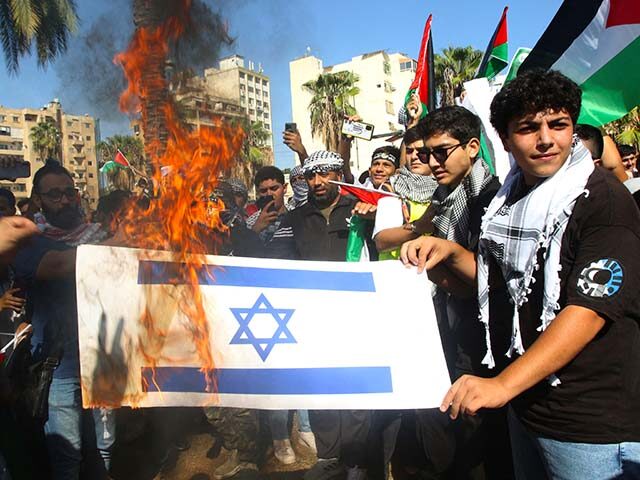 Lebanese and Palestinian students burn a copy of the Israeli flag during a solidarity rall