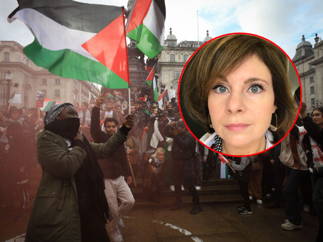 (INSET: Talent agent Kitty Laing) People participate in a March for Palestine on October 2