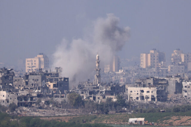 SDEROT, ISRAEL - OCTOBER 28: Smoke rises from an explosion in Gaza on October 28, 2023 see