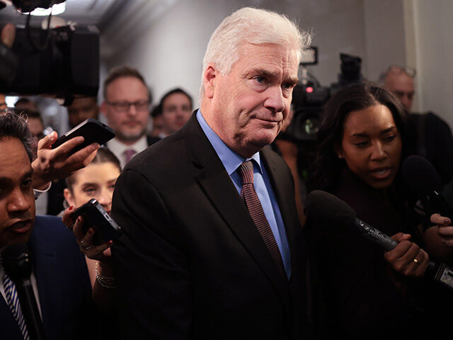 U.S. House Majority Whip Tom Emmer (R-MN) speaks to reporters as he leaves a House Republi
