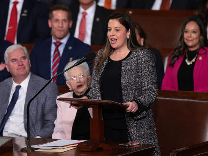 U.S. Rep. Elise Stefanik (R-NY) (R) delivers the nomination speech for Rep. Mike Johnson (