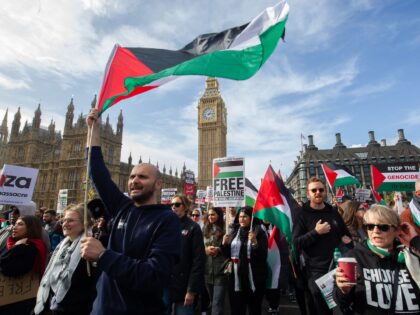 LONDON, ENGLAND - OCTOBER 28: The march passes over Waterloo bridge on October 28, 2023 in London, England. A coalition of organisations, including the Palestine Solidarity Campaign, Friends of Al-Aqsa, and Stop the War Coalition, are demanding an end to the siege of the Gaza Strip, which Israel imposed three …