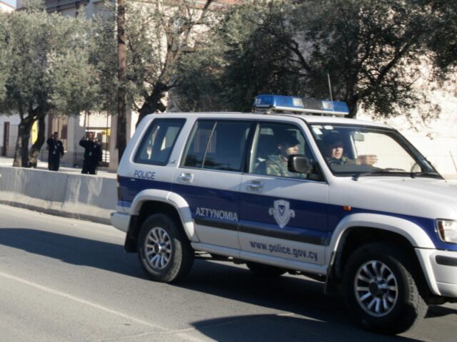 Nicosia, CYPRUS: Cyprus police patrol outside the US Embassy in Nicosia, Cyprus, 06 March,