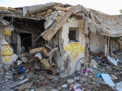 KFAR AZA, ISRAEL - OCTOBER 10: A view of a house left in ruins after an attack by Hamas mi