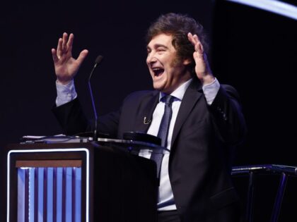 Presidential candidate for La Libertad Avanza Javier Milei gestures during a presidential debate on October 01, 2023 in Santiago del Estero, Argentina. Argentinians will head to polls on October 22. A second debate will be held on October 8th in Buenos Aires. (Tomas Cuesta/Getty Images)
