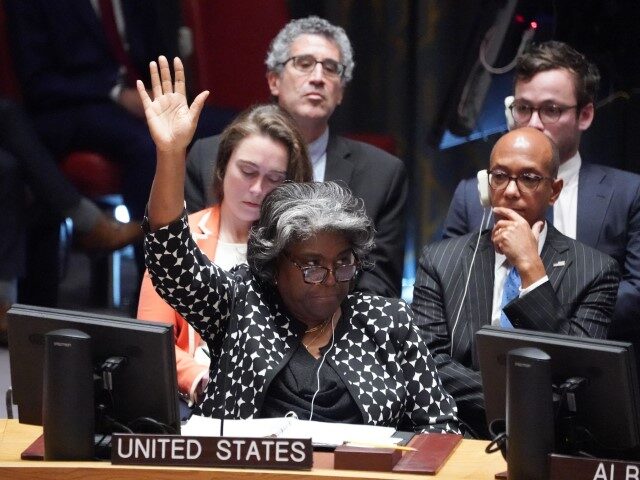 US ambassador to the United Nations Linda Thomas-Greenfield votes on a resolution regardin