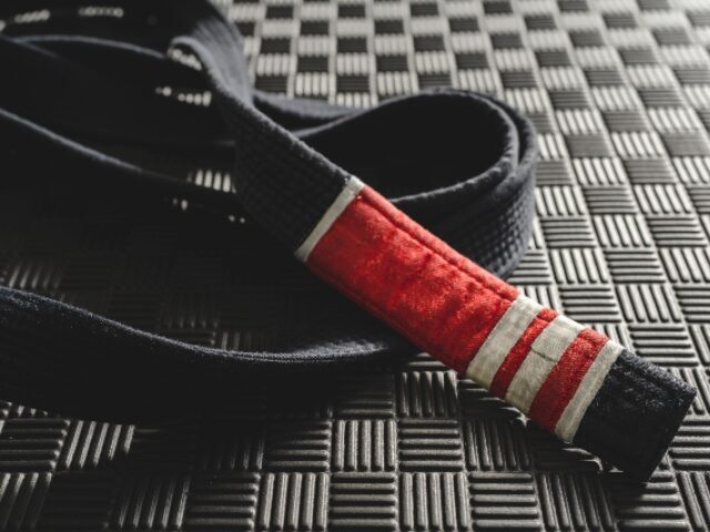 Brazilian jiu jitsu bjj black belt second degree on the tatami mats at gym or academy mart