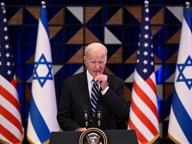 US President Joe Biden holds a press conference following a solidarity visit to Israel, on October 18, 2023, in Tel Aviv, amid the ongoing battles between Israel and the Palestinian group Hamas in the Gaza Strip. Thousands of people, both Israeli and Palestinians have died since October 7, 2023, after Palestinian Hamas militants based in the Gaza Strip, entered southern Israel in a surprise attack leading Israel to declare war on Hamas in Gaza on October 8. (Photo by Brendan SMIALOWSKI / AFP) (Photo by BRENDAN SMIALOWSKI/AFP via Getty Images)