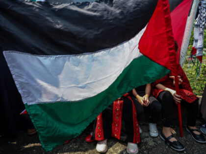 KUALA LUMPUR, MALAYSIA - OCTOBER 13: A a Palestinian flag shields a group of children duri