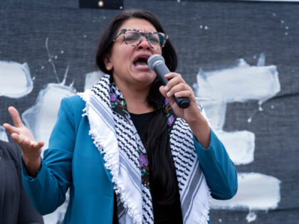 Rep. Rashida Tlaib, D-Mich., speaks during a rally at the National Mall during a pro-Pales