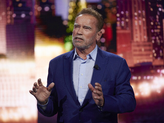 Actor Arnold Schwarzenegger speaks during a press event at the 2023 Consumer Electronics S