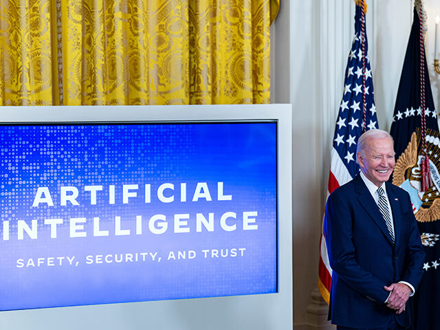 US Vice President Kamala Harris speaks with US President Joe Biden, left, during an event in the East Room of the White House in Washington, DC, US, on Monday, Oct. 30, 2023. President Joe Biden is directing the US government to take a sweeping approach to artificial intelligence regulation, his …