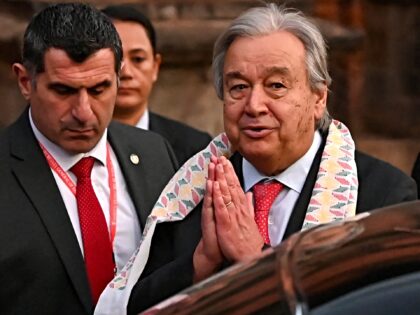 United Nations Secretary General Antonio Guterres (R) visits Patan Durbar Square, a UNESCO world heritage site, during his four-day official visit, in Kathmandu on October 29, 2023. (Photo by PRAKASH MATHEMA / AFP) (Photo by PRAKASH MATHEMA/AFP via Getty Images