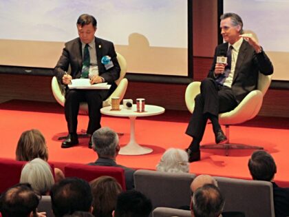 California governor Gavin Newsom (R) speaks on the state's experience in combating climate change with professor Gong Peng at the University of Hong Kong, in Hong Kong on October 23, 2023. Newsom is in Hong Kong before heading to the Chinese mainland for a weeklong trip focused on climate action …
