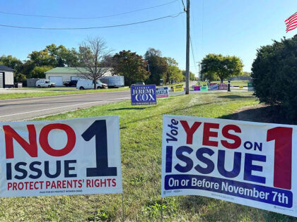 Signs for and against a proposed constitutional amendment to protect abortion rights in Ohio stand in front of the Greene County Board of Elections in Xenia, Ohio, Oct. 11, 2023, the first day of in-person voting. (AP Photo/Julie Carr Smyth)