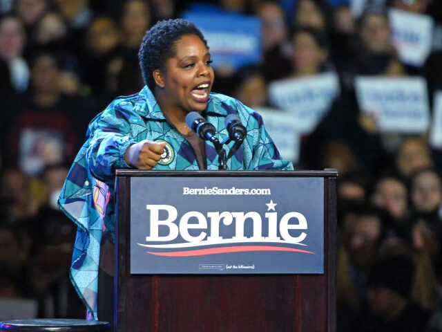 Black Lives Matter co-founder Patrisse Cullors speaks at a Bernie Sanders 2020 presidential campaign rally at Los Angeles Convention Center on March 01, 2020 in Los Angeles, California. (Photo by Michael Tullberg/Getty Images)