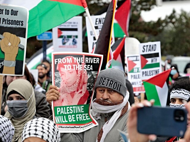 People demonstrate in support of Palestinians, in Dearborn, Michigan, on October 14, 2023. Thousands of Palestinians sought refuge on October 14 after Israel warned them to evacuate the northern Gaza Strip before an expected ground offensive against Hamas, one week on from the deadliest attack in Israeli history. (Photo by …