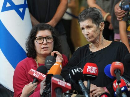 Israeli freed hostage Yocheved Lifshitz, 85, holds a press conference in Tel Aviv after she was released by Palestinian militant group Hamas on October 24, 2023. Lifshitz, a resident of Nir Oz kibbutz, one of the Israeli communities near the Gaza Strip which Hamas militants attacked on October 7, said …