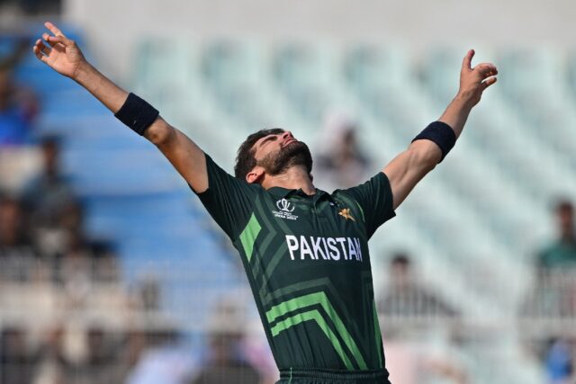 100 club: Pakistan's Shaheen Shah Afridi celebrates after taking the wicket of Bangladesh'