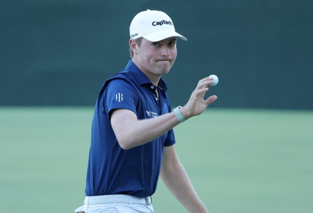 American Ben Griffin acknowledges fans after finishing the third round of the US PGA Tour