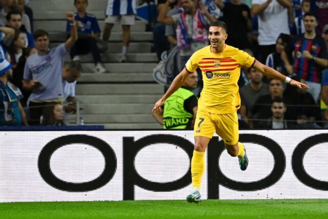 Barcelona forward Ferran Torres celebrates scoring after coming on against Porto in a hard