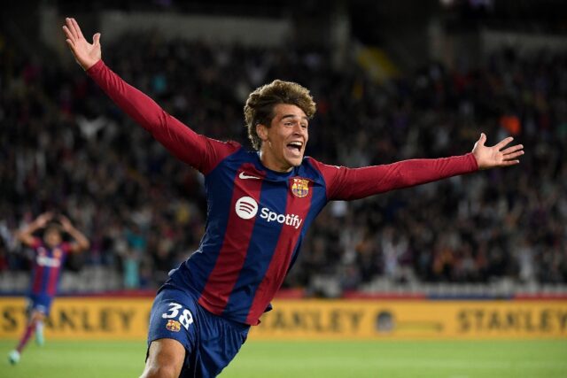 Barcelona forward Marc Guiu celebrates scoring his first ever goal for the club against At