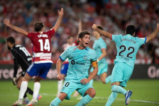 Barcelona midfielder Sergi Roberto celebrates after scoring the equaliser in a thrilling c