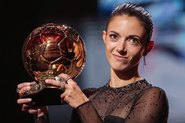 Barcelona and Spain star Aitana Bonmati with the trophy after winning the 2023 Women's Bal