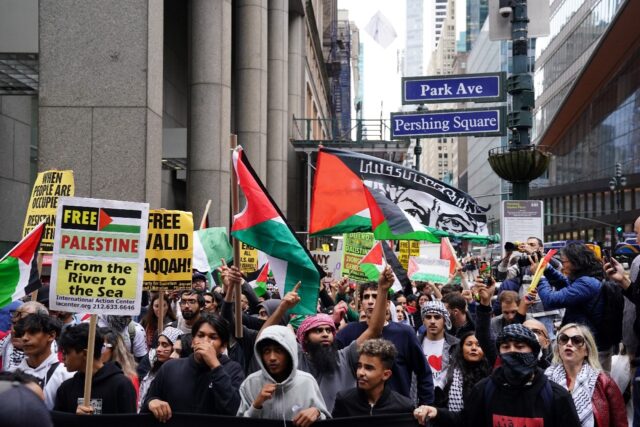 Demonstrators in New York waved Palestinian flags during the peaceful march from Times Squ
