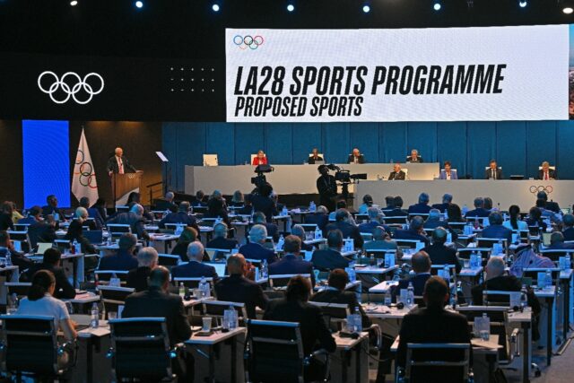 A digital display shows the new sports proposed to feature at the 2028 Olympic Games in Lo