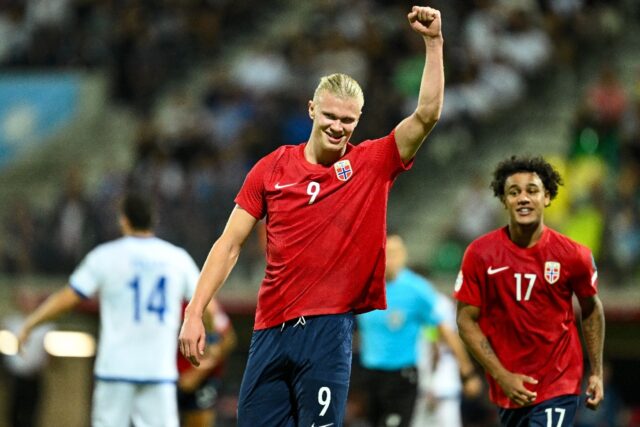 Erling Haaland celebrates his first goal against Cyprus
