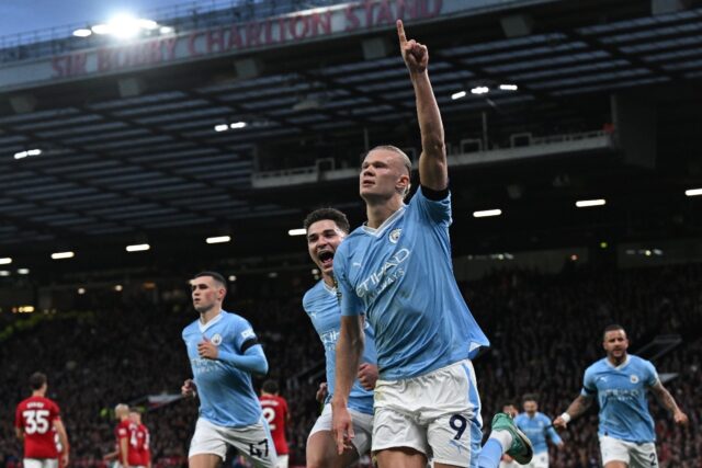 Erling Haaland (centre) scored twice in Manchester City's 3-0 win over Manchester United