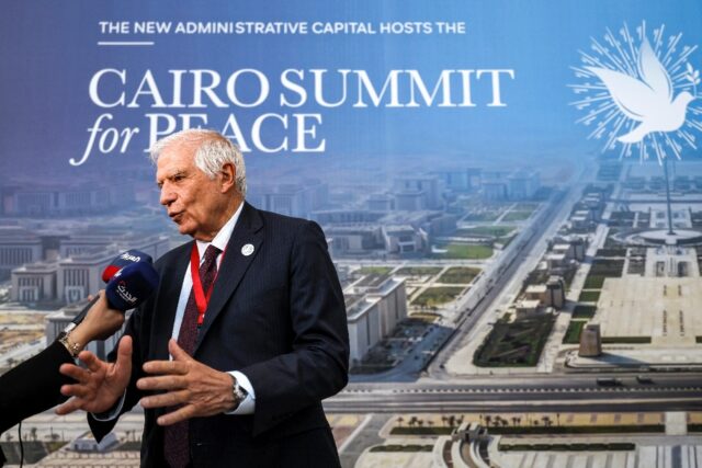 EU foreign affairs chief Josep Borrell speaks to the press after attending the Summit for