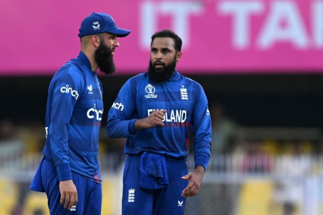 Key men: England's Adil Rashid (right) speaks with teammate Moeen Ali on Monday