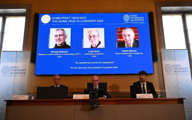 This year's laureates Moungi Bawendi, Louis Brus and Alexei Ekimov during the announcement