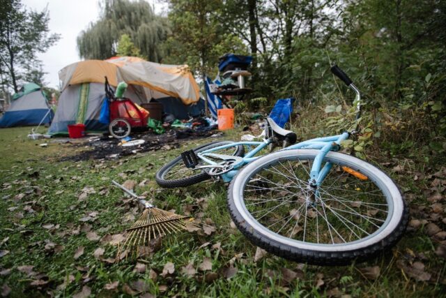A makeshift homeless encampment has been set up in a park in Granby, Canada which is strug