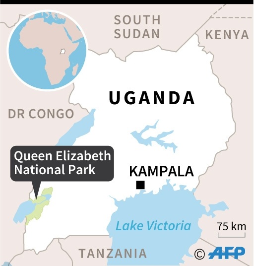 Map of Uganda locating the Queen Elizabeth National Park, where three people were killed