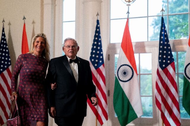 Menendez and his wife arrive for the June 2023 state dinner in honor of India's Prime Minister Narendra Modi