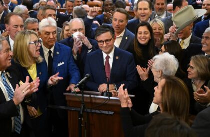 Mike Johnson (center) is applauded after being nominated Republican speaker of the US Hous