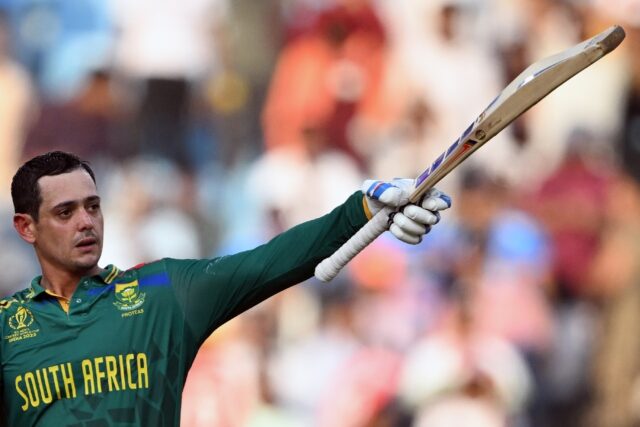 Man of the moment: South Africa's Quinton de Kock celebrates his century against Australia