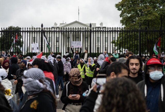 People demonstrate during a pro-Palestinian rally in front of the White House