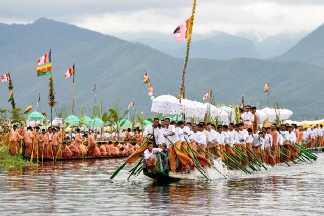 The Phaung Daw Oo pagoda festival sees four sacred Buddha images placed on a golden barge