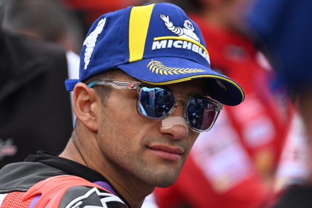 Prima Pramac Racing's Spanish rider Jorge Martin celebrates his pole position after the qu